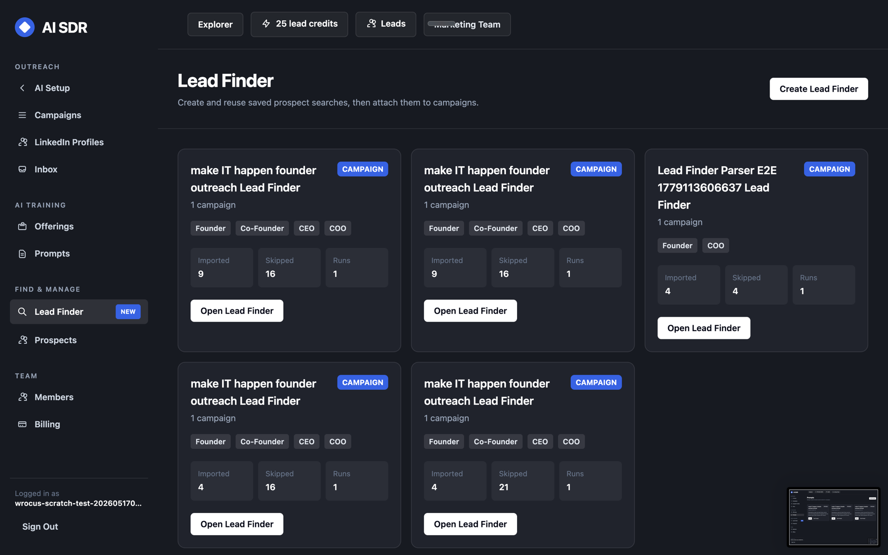 AI-SDR saved Lead Finder screen with reusable prospect searches