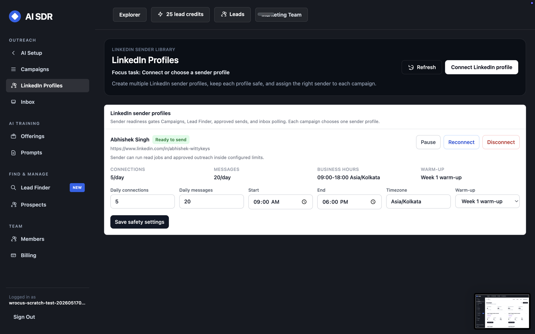 AI-SDR LinkedIn profiles screen with sender limits, business hours, and warm-up controls