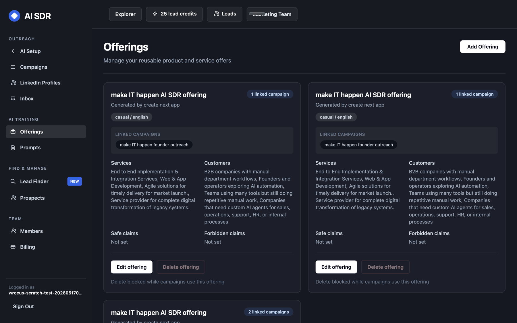 AI-SDR offerings screen with reusable service offer cards linked to campaigns