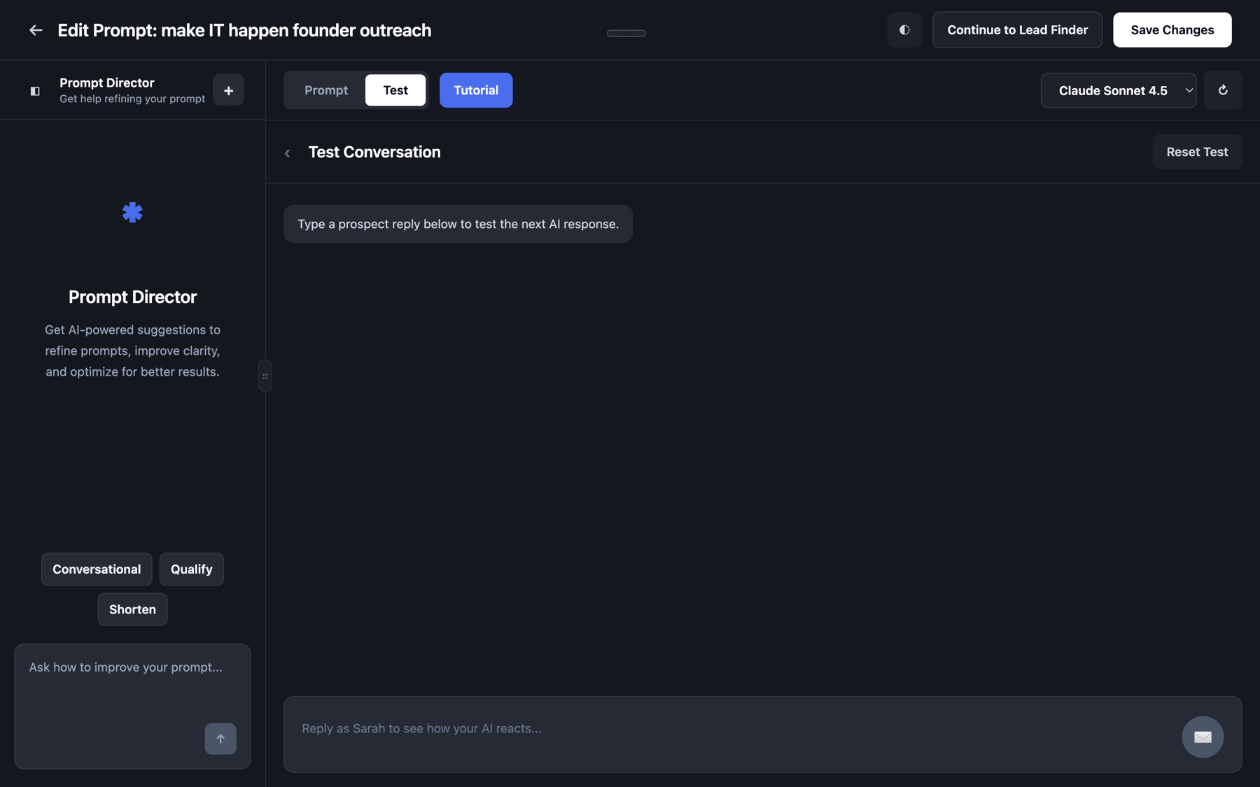 AI-SDR Prompt Director test conversation interface