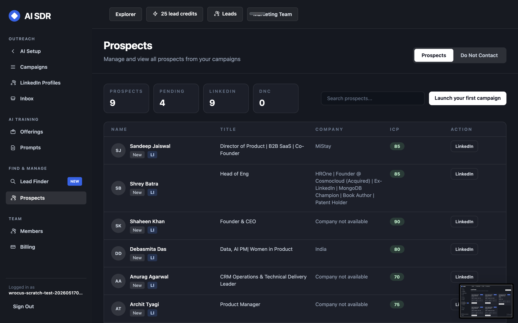 AI-SDR prospects table with LinkedIn status and ICP scores
