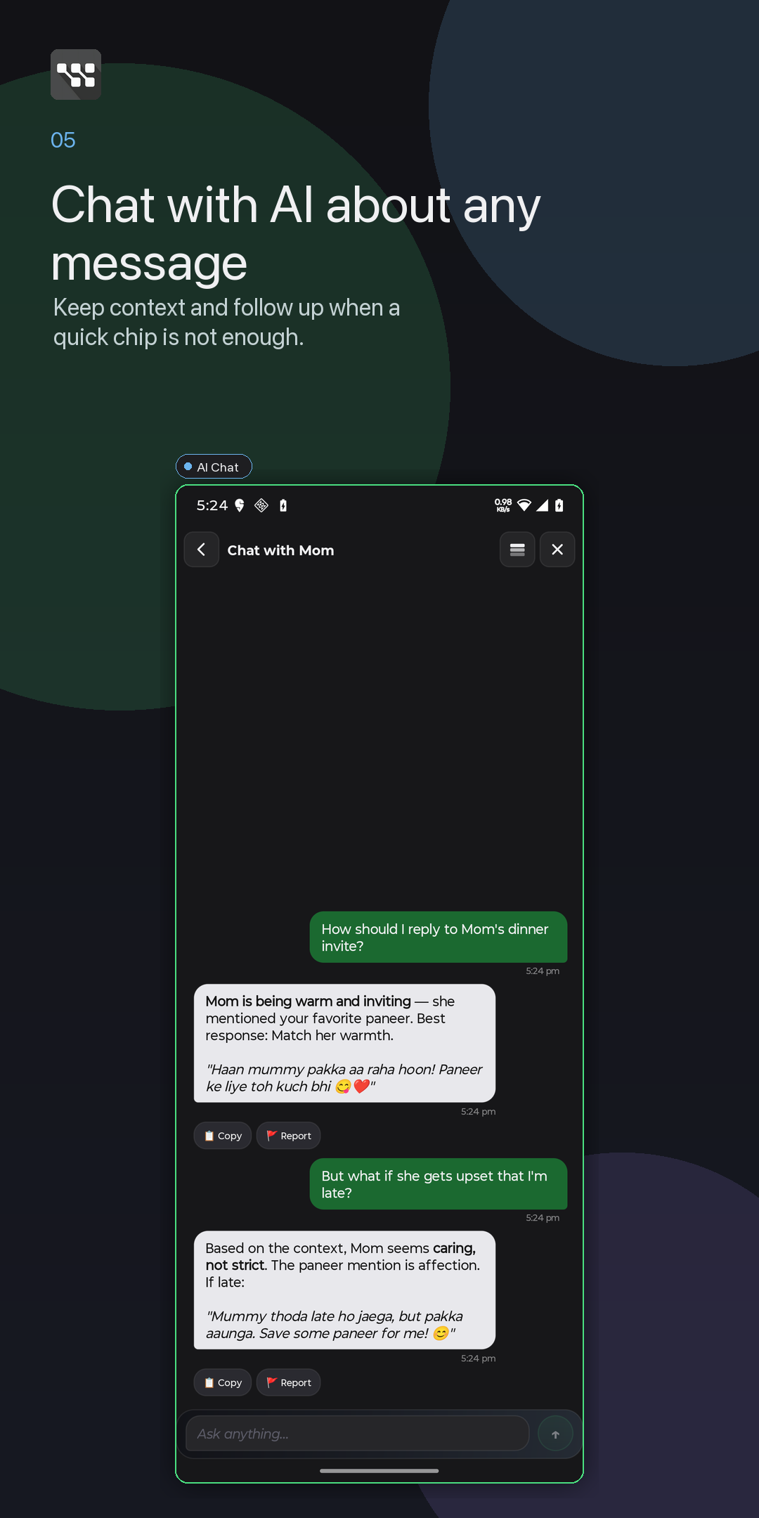 WittyKeys AI chat context screenshot