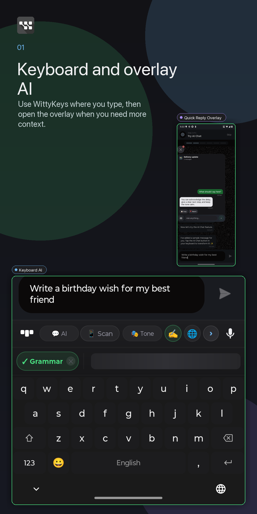 WittyKeys keyboard and overlay AI screenshot