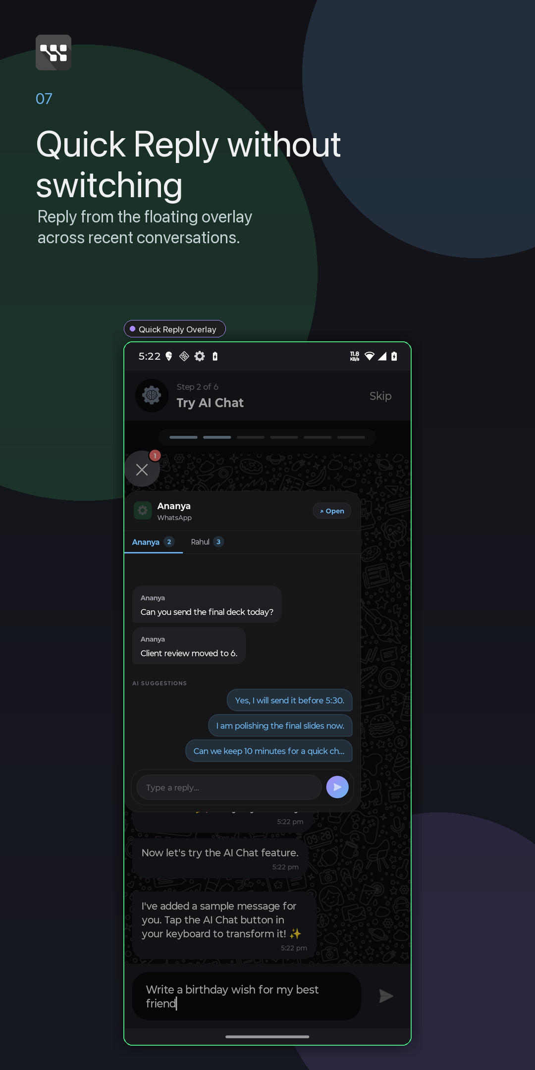 WittyKeys quick reply overlay
